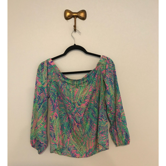 Lilly Pulitzer Adira Pink Sunset Coco Breeze Silk Off-Shoulder Top - Size Small - Picture 3 of 10